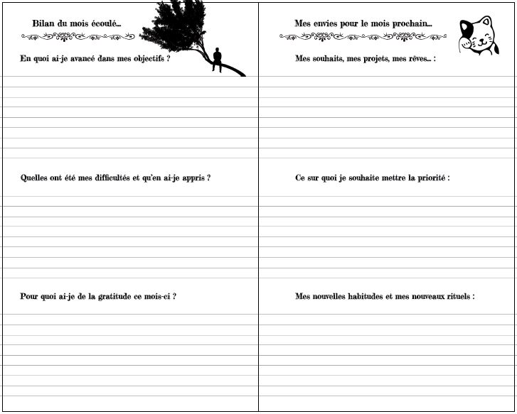 double page du Bullet Journal des guerriers pacifiques correspondant au bilan du mois écoulé et aux envies pour le mois prochain